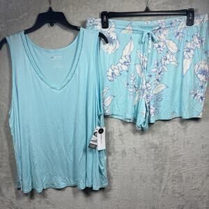 Liz Claiborne NEW 2 Piece Pajama Set XXL Tank Top & Short Stretch Aqua Floral